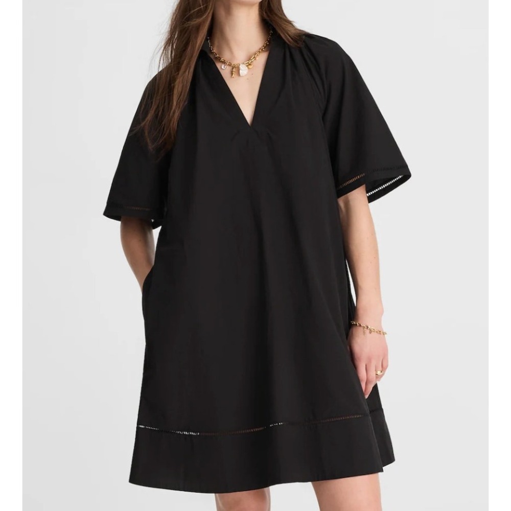 Madewell Poplin Splitneck Mini Shirtdress Womens M Black Cotton Ladder Trim Chic